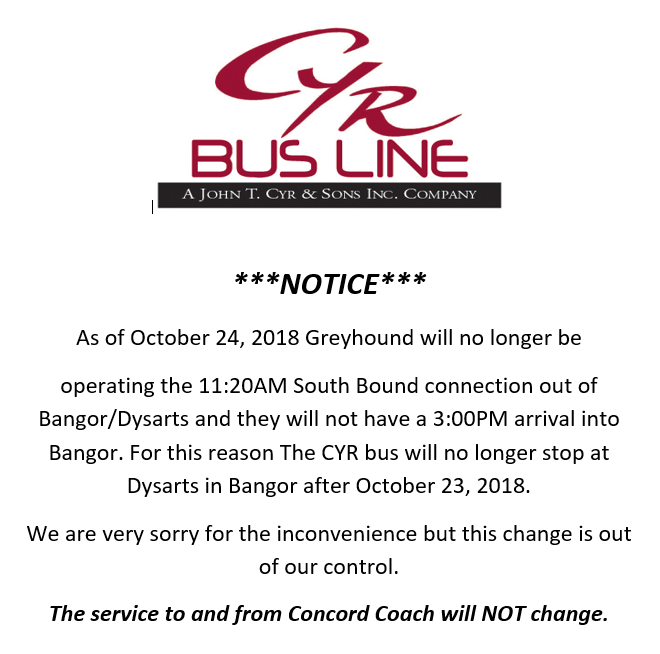 Greyhound notice from CYR Bus Line announcing Bangor stop cancellation starting Oct. 24, 2018