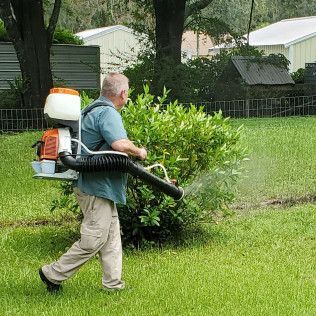 Man spraying a bush with a backpack sprayer in a grassy yard, near buildings.