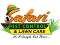 Logo for Safari Pest Control & Lawn Care: a safari hat, spider, orange text, and green grass.