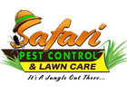 Logo for Safari Pest Control & Lawn Care: a safari hat, spider, orange text, and green grass.