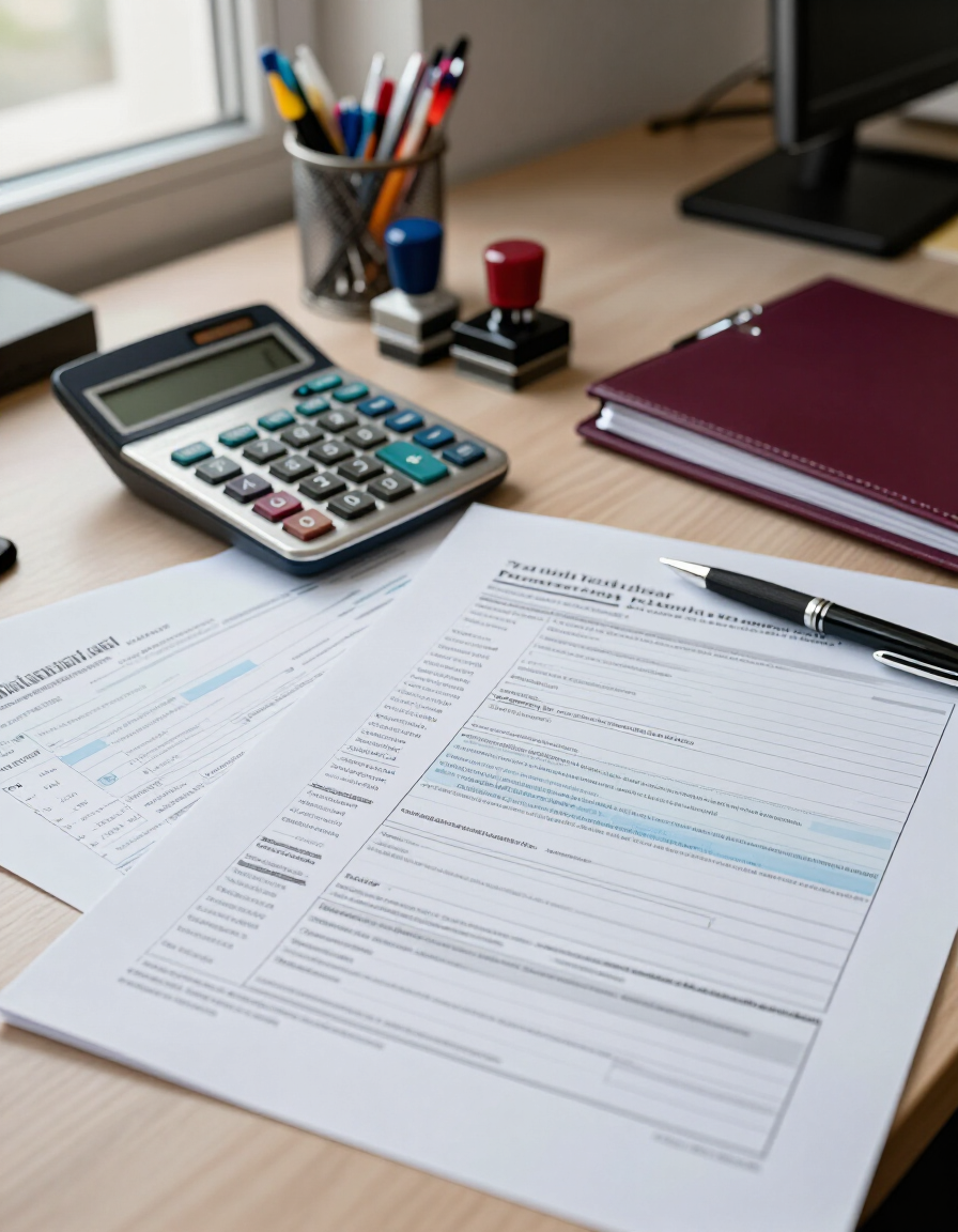 Escritorio con calculadora, documentos, bolígrafo y archivador en una oficina ordenada