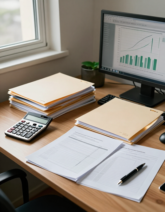 Escritorio con papeles apilados, calculadora, cuaderno abierto, bolígrafo y monitor con un gráfico de barras