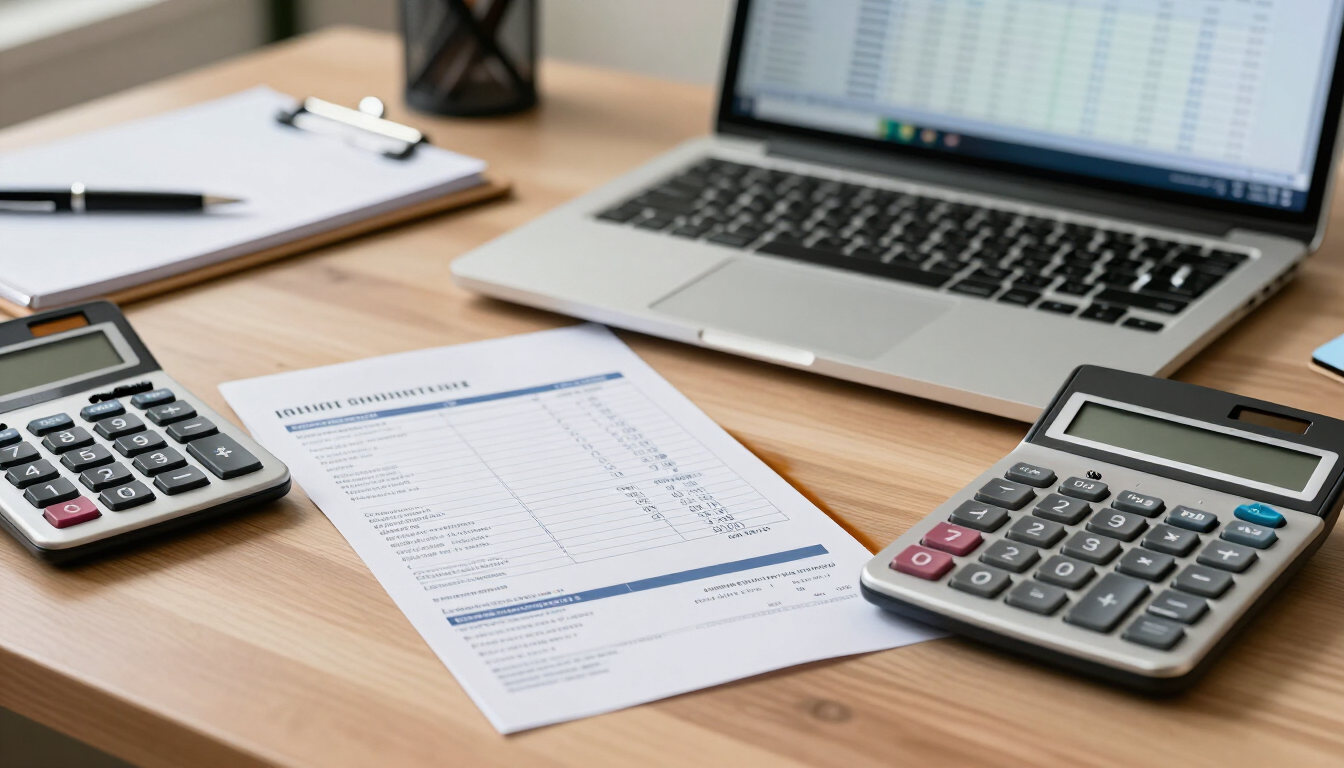 Calculadoras, documentos y un portátil sobre un escritorio en una oficina financiera