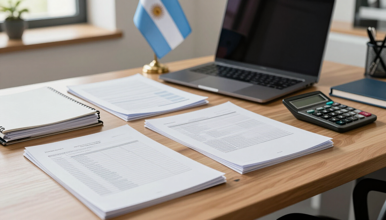 Escritorio con papeles apilados, una computadora portátil, una calculadora y una pequeña bandera argentina en una oficina
