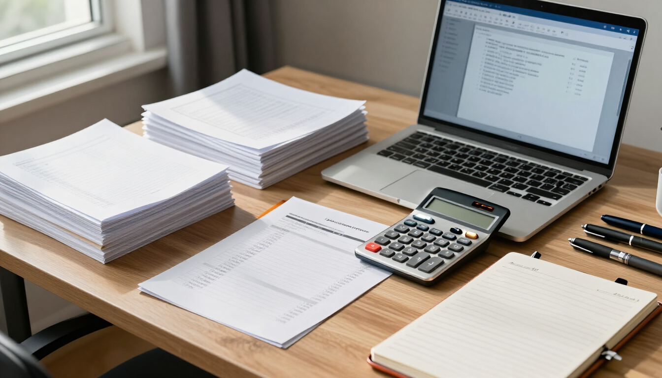 Escritorio con papeles apilados, portátil, calculadora, cuaderno y bolígrafos en una oficina luminosa