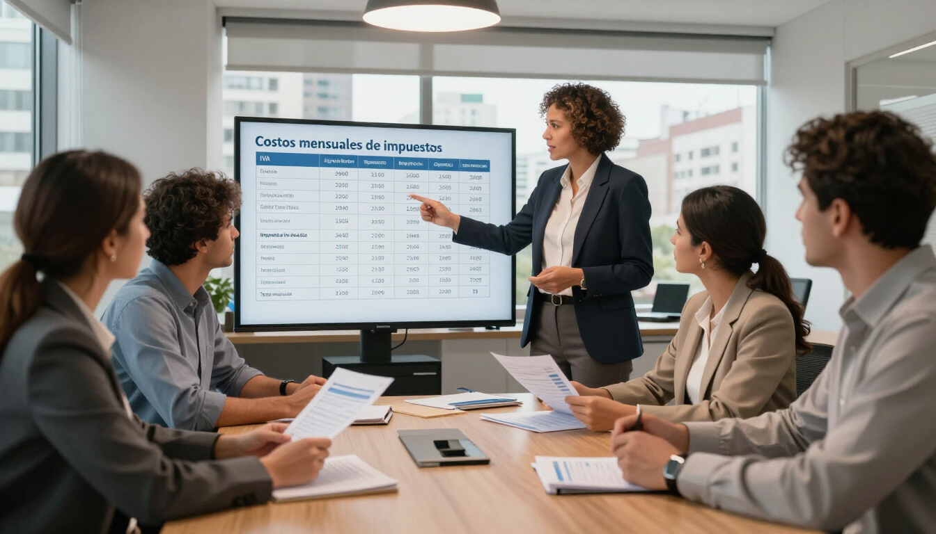 Reunión de negocios con un presentador señalando un gráfico en la pantalla de una sala de conferencias