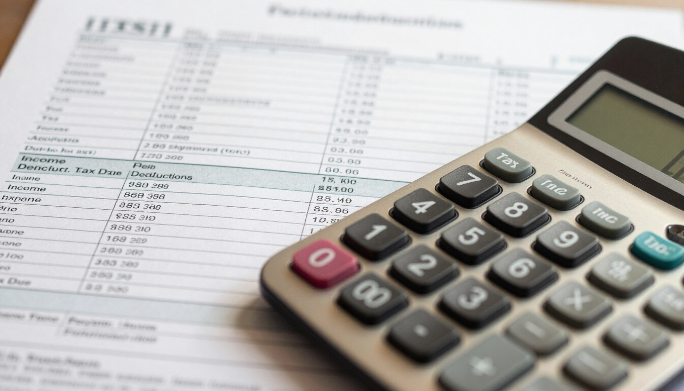 Calculadora sobre una hoja de cálculo financiera, con un bolígrafo y un documento al fondo