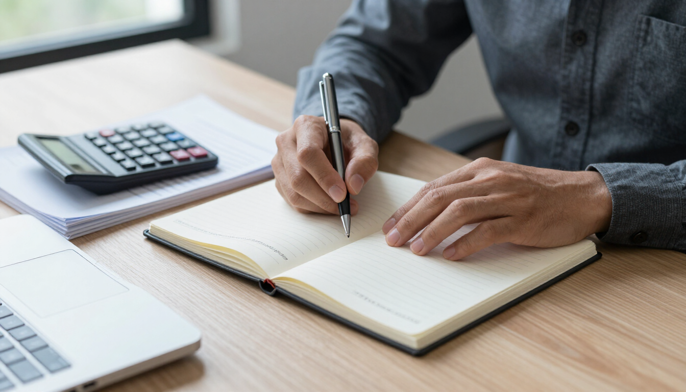 Persona escribiendo en un cuaderno en un escritorio, con una calculadora y un portátil cerca