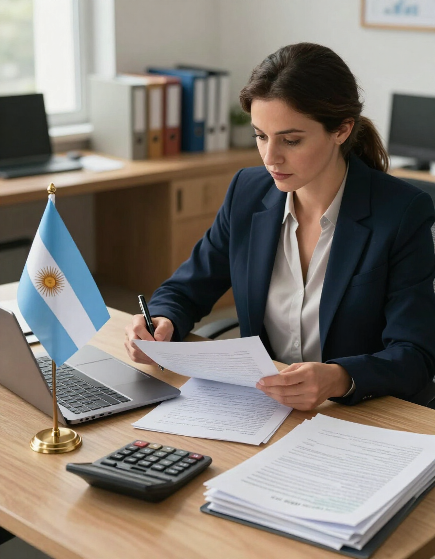 Contadora revisando documentos en un escritorio con una laptop, una calculadora y la bandera argentina