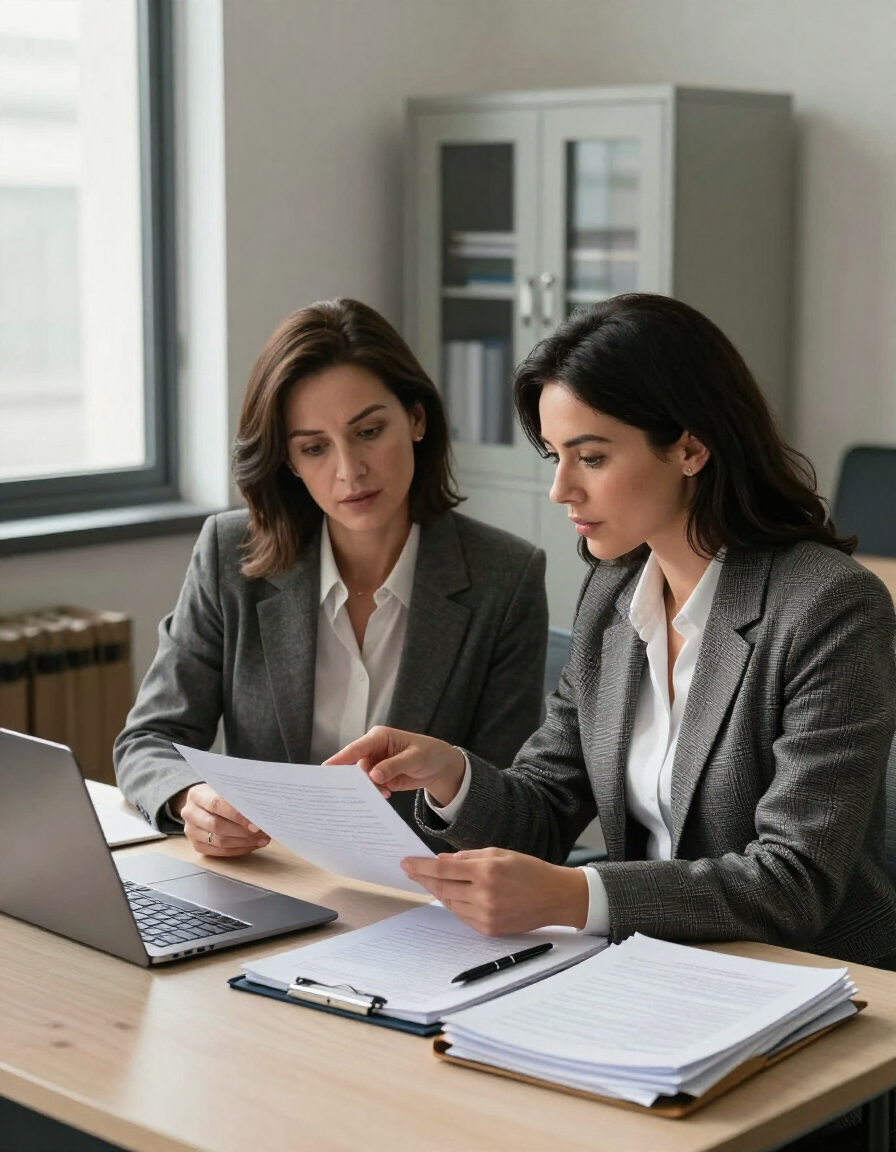 Dos mujeres revisan documentos en un escritorio de una oficina, con una computadora portátil y un archivador cerca.