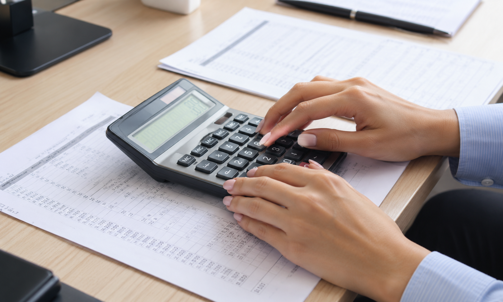 Unas manos usando una calculadora sobre un escritorio con papeles y gráficos