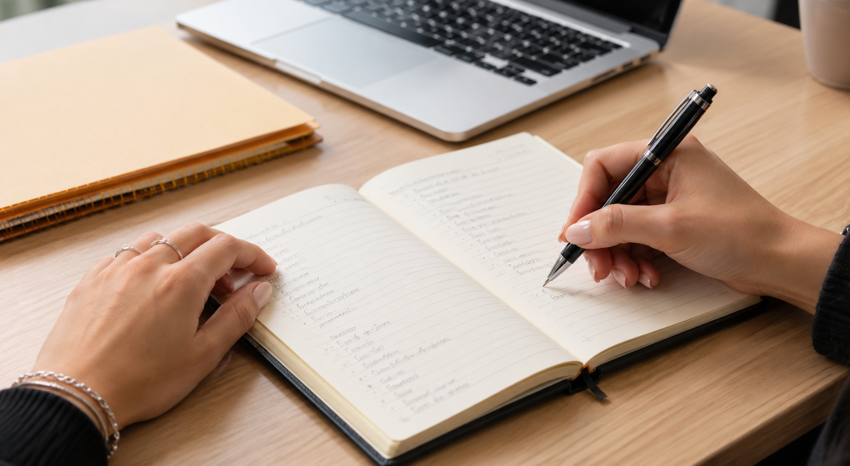 Manos escribiendo en un cuaderno sobre un escritorio, junto a un portátil y unos papeles apilados