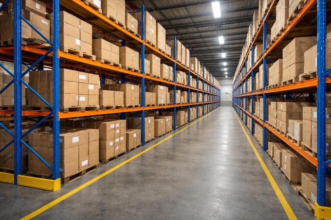 Warehouse worker kneeling beside a pallet jack in an industrial warehouse aisle