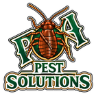 Pest control logo with a cockroach over green-and-white text reading “Pest Solutions”