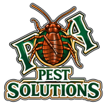 Pest control logo with a cockroach over green-and-white text reading “Pest Solutions”