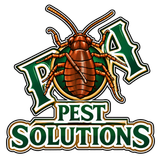 Pest control logo with a cockroach over green-and-white text reading “Pest Solutions”