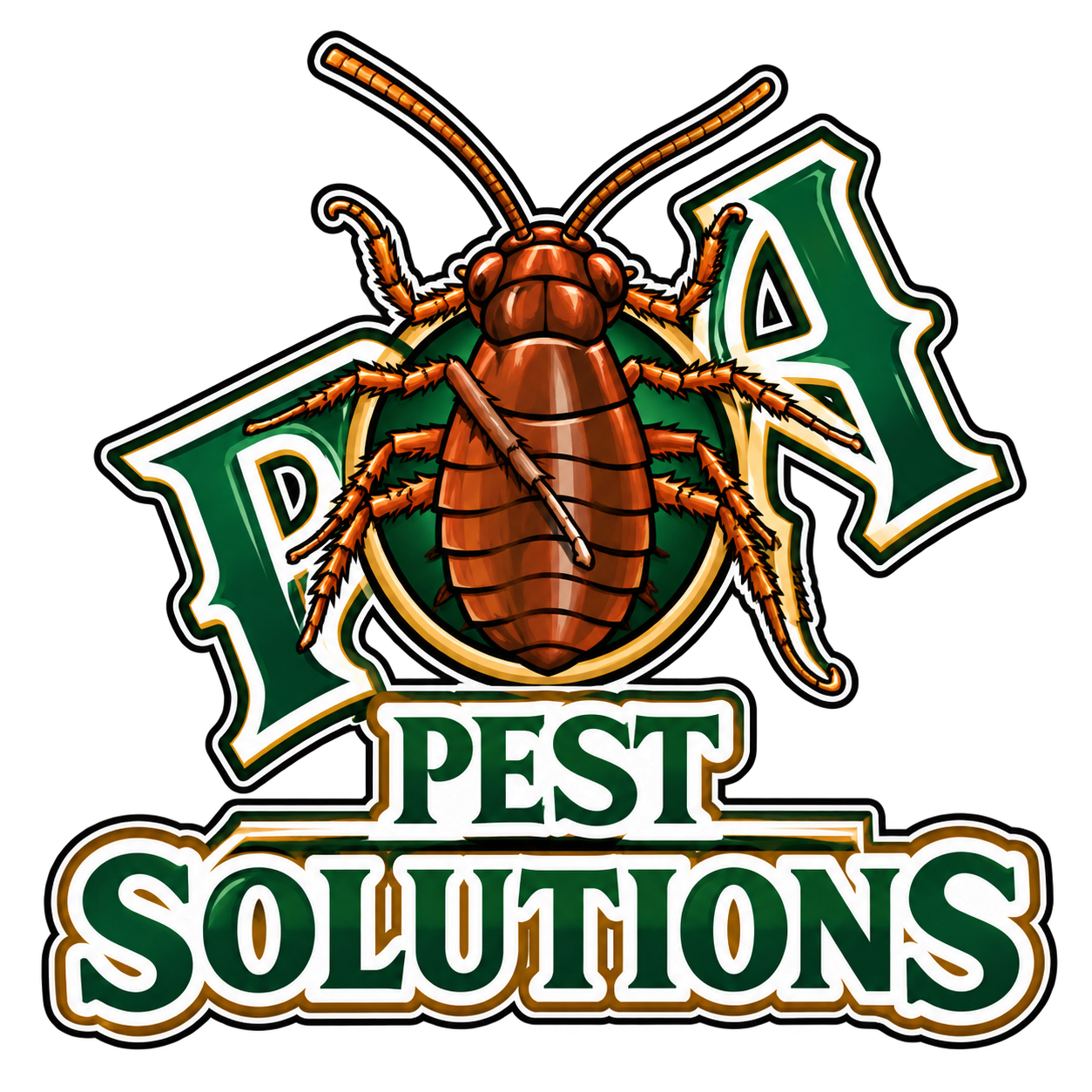 Pest control logo with a cockroach over green-and-white text reading “Pest Solutions”
