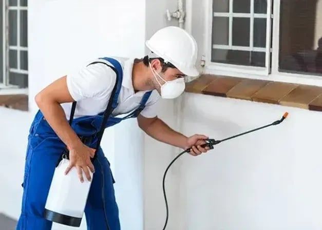 Worker in blue overalls spraying white paint on an exterior wall with a sprayer.