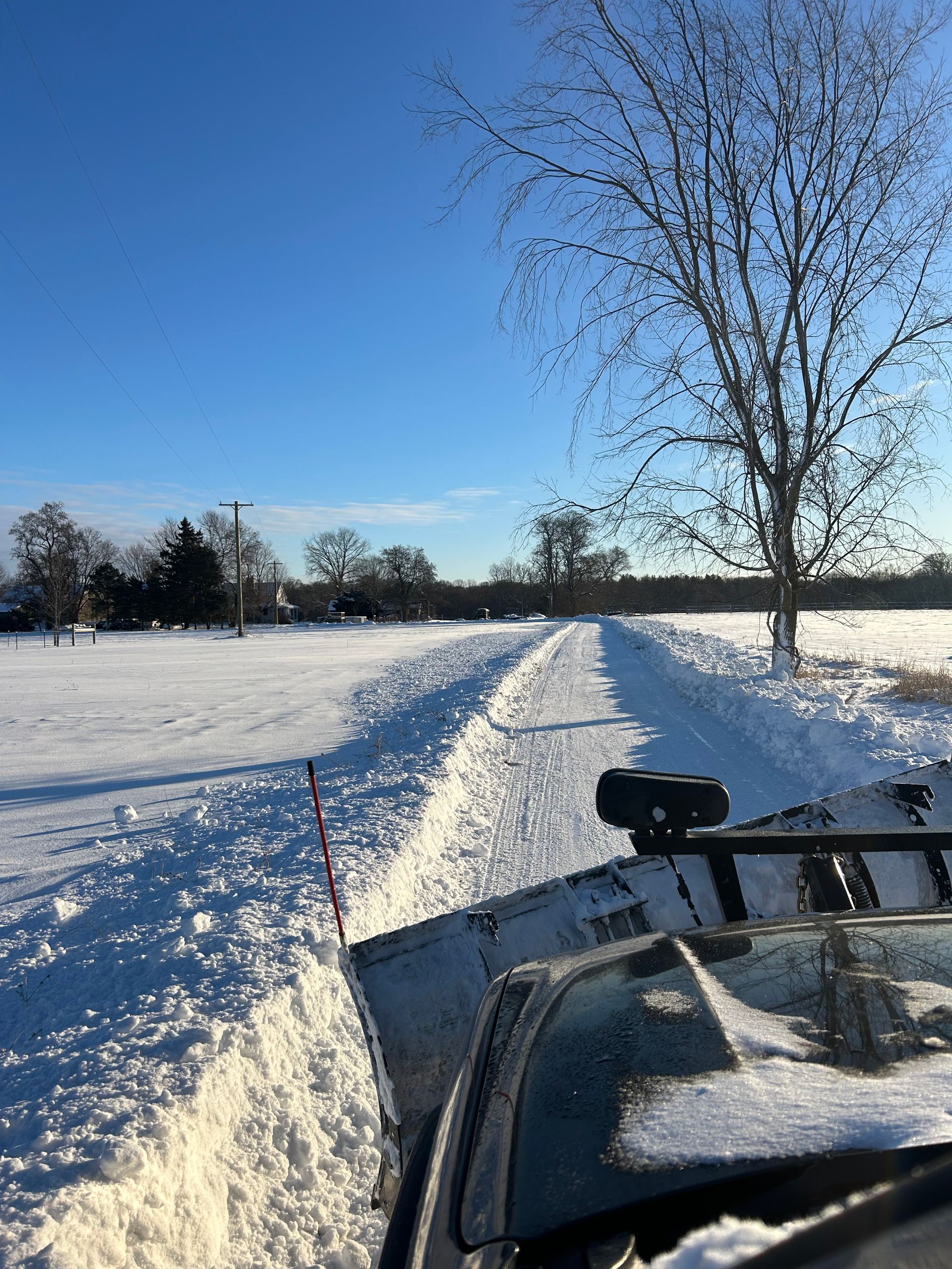 Snow-covered rural road seen from a snowplow, with trees and clear blue sky.