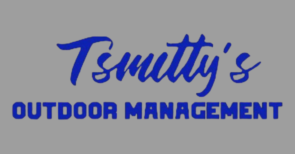 Tmutity&rsquo;s Outdoor Management logo in blue script and bold text on a gray background