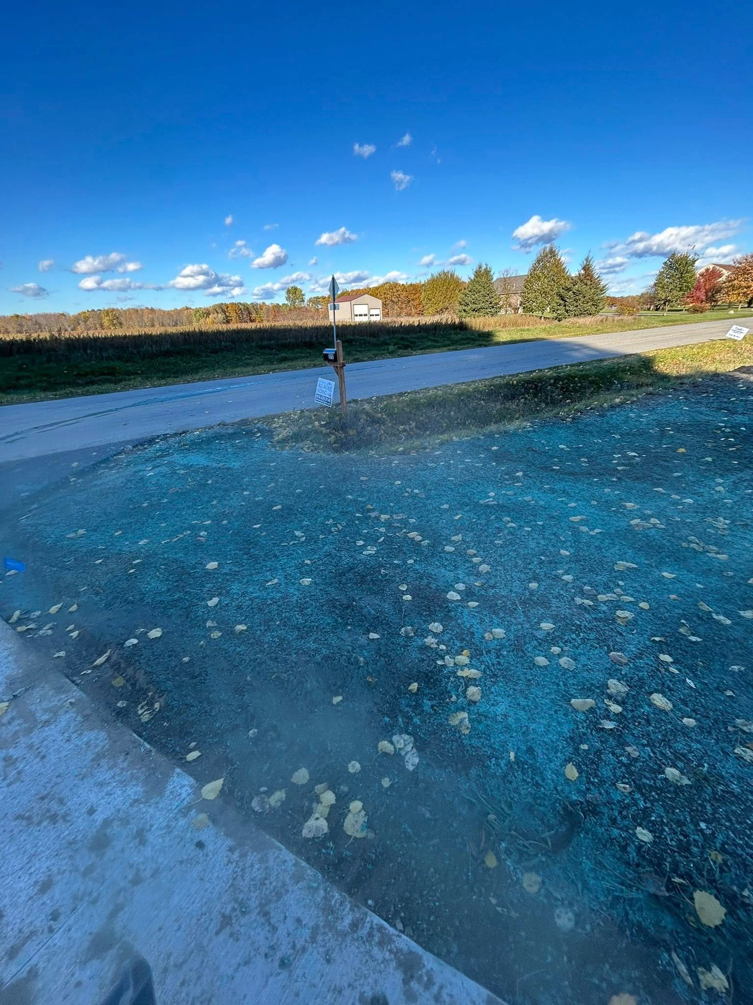 Frozen blue pond beside a grassy path under a clear sky, with trees and a fence in the distance.