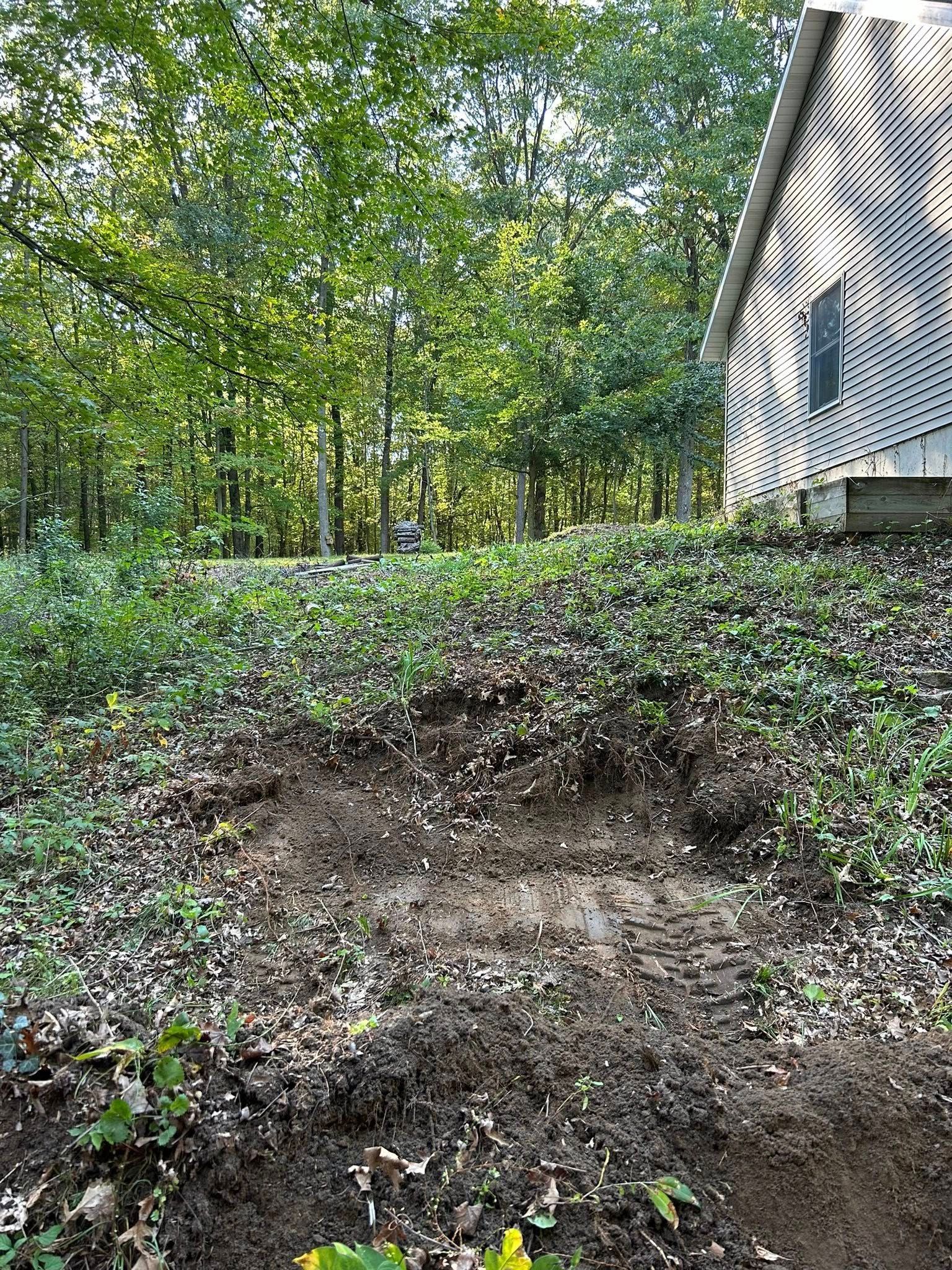 Eroded dirt slope beside a house, with trees and dense green groundcover in the background