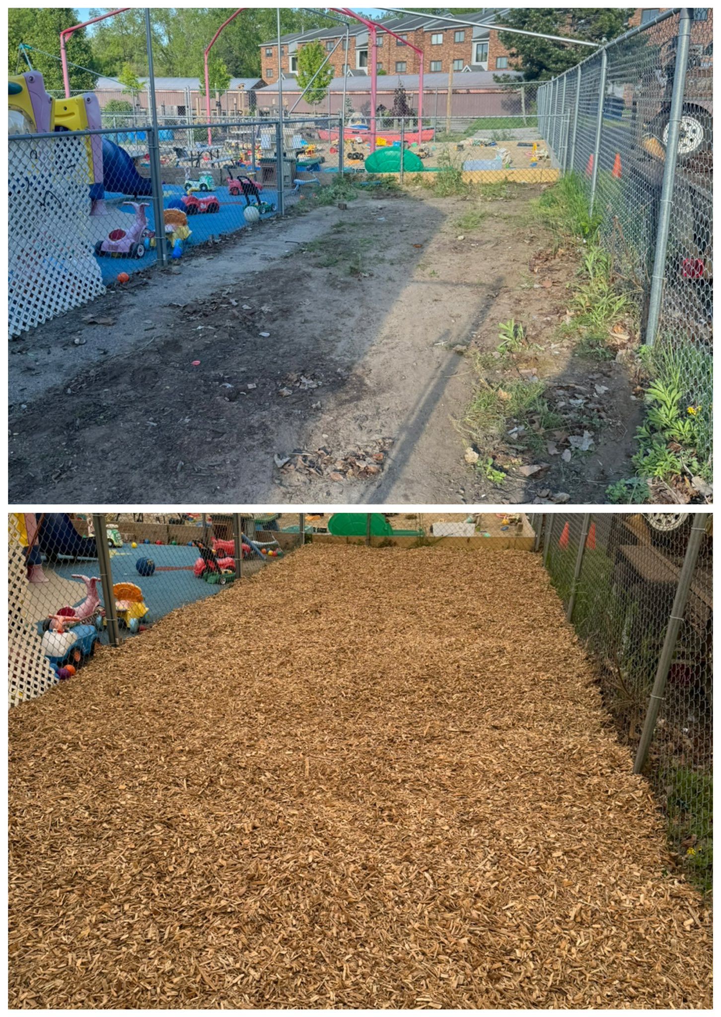 Before and after of a garden path, covered with wood chips in the second image.
