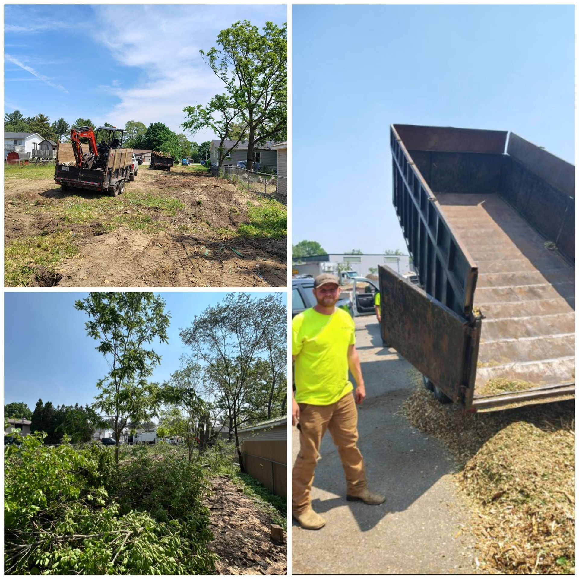 Collage of excavation and landscaping work, with dump truck, trees, and a worker beside a raised truck bed