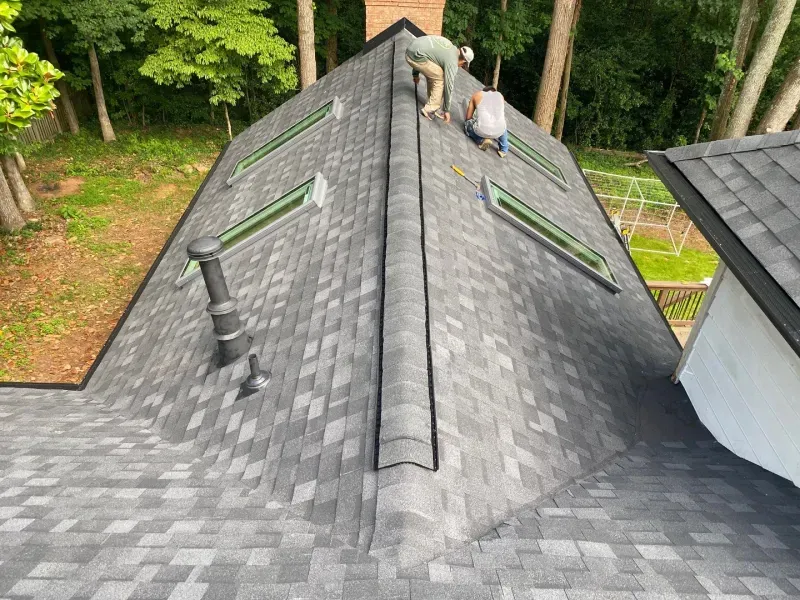 Two workers on a gray shingle roof, near skylights, trees in the background.