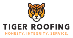 Tiger Roofing logo with a tiger head, "HONESTY. INTEGRITY. SERVICE." tagline.