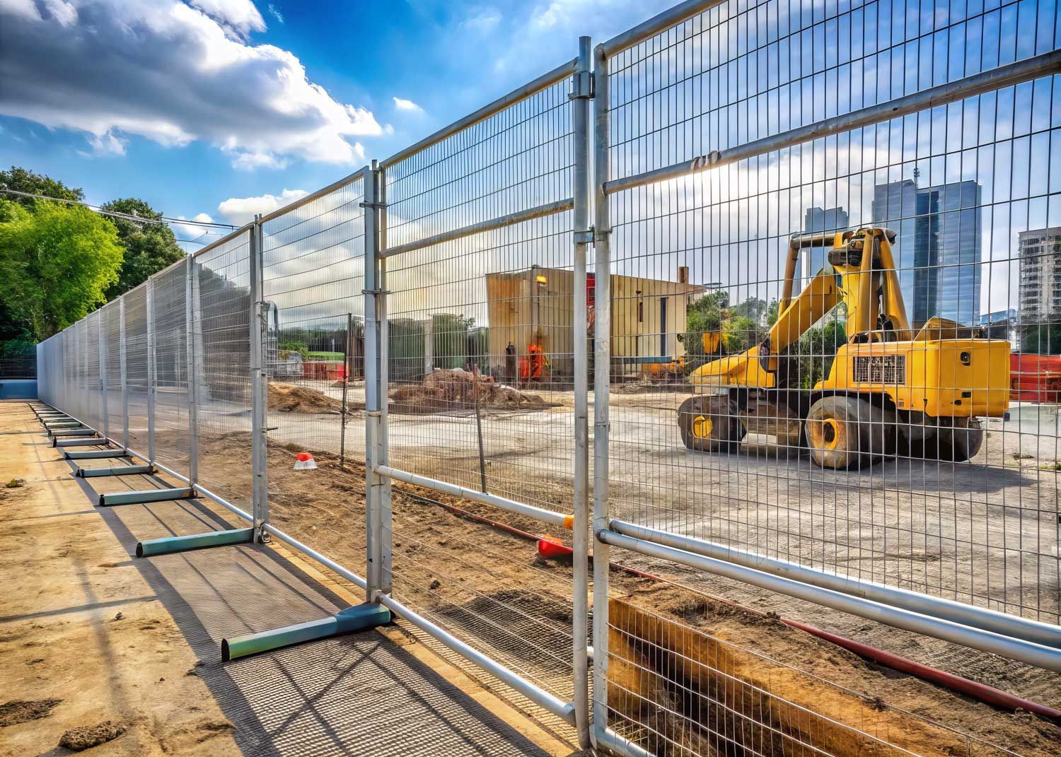 Temporary construction fencing around active job site with excavator and workers in background.