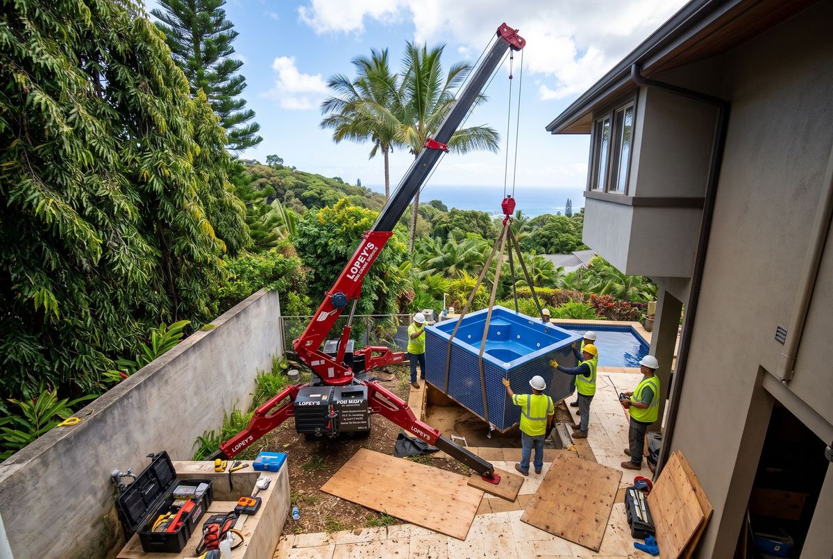 Lopey's red mini crane lowering a spa into a hillside backyard in Hawaii