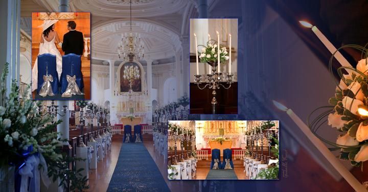 Un collage de photos d'une cérémonie de mariage dans une église