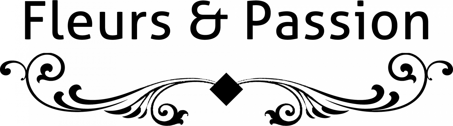 Un logo noir et blanc pour fleurs & passion avec des tourbillons et un diamant.