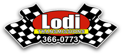 Logo for Lodi Transmissions featuring checkered flags, a red oval with white text, and a phone number.