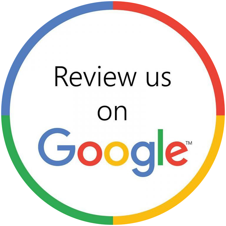 Circular logo urging customers to review on Google. The Google logo is in the center.