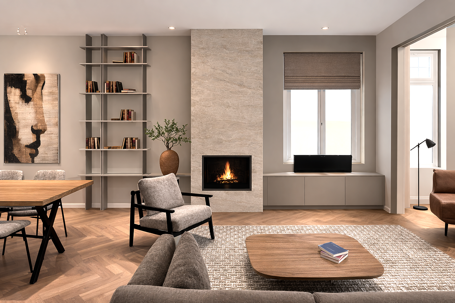Moderne woonkamer met open haard, boekenkast, eettafel en een houten vloer met visgraatmotief.