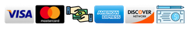 Logos for Visa, Mastercard, cash, American Express, Discover, and a check.