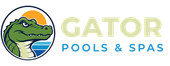 Gator Pools, Spas and Supplies, LLC. logo with a green alligator and blue and yellow text