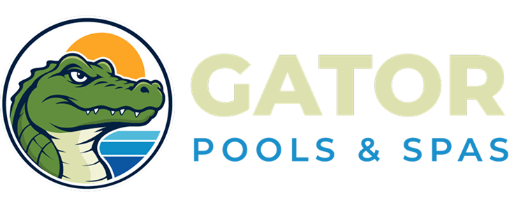 Gator Pools, Spas and Supplies, LLC. logo with green alligator mascot and blue-yellow text
