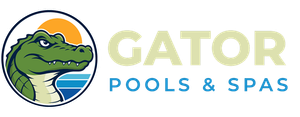 Gator Pools, Spas and Supplies, LLC. logo with green alligator mascot and blue-yellow text
