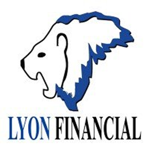 Blue-and-white lion head logo with the text “LYON FINANCIAL”