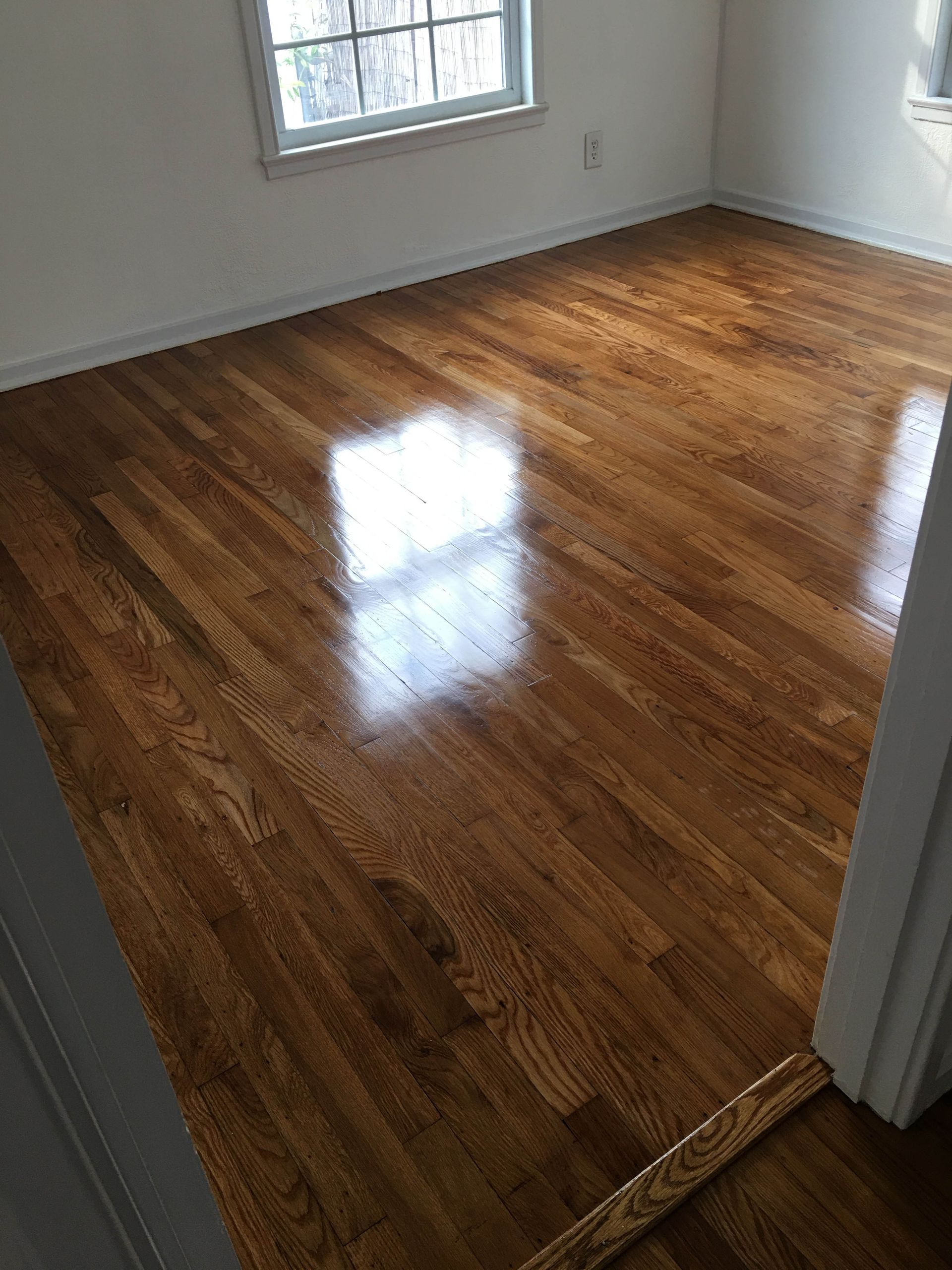 Empty room with glossy hardwood floors and a window reflecting light