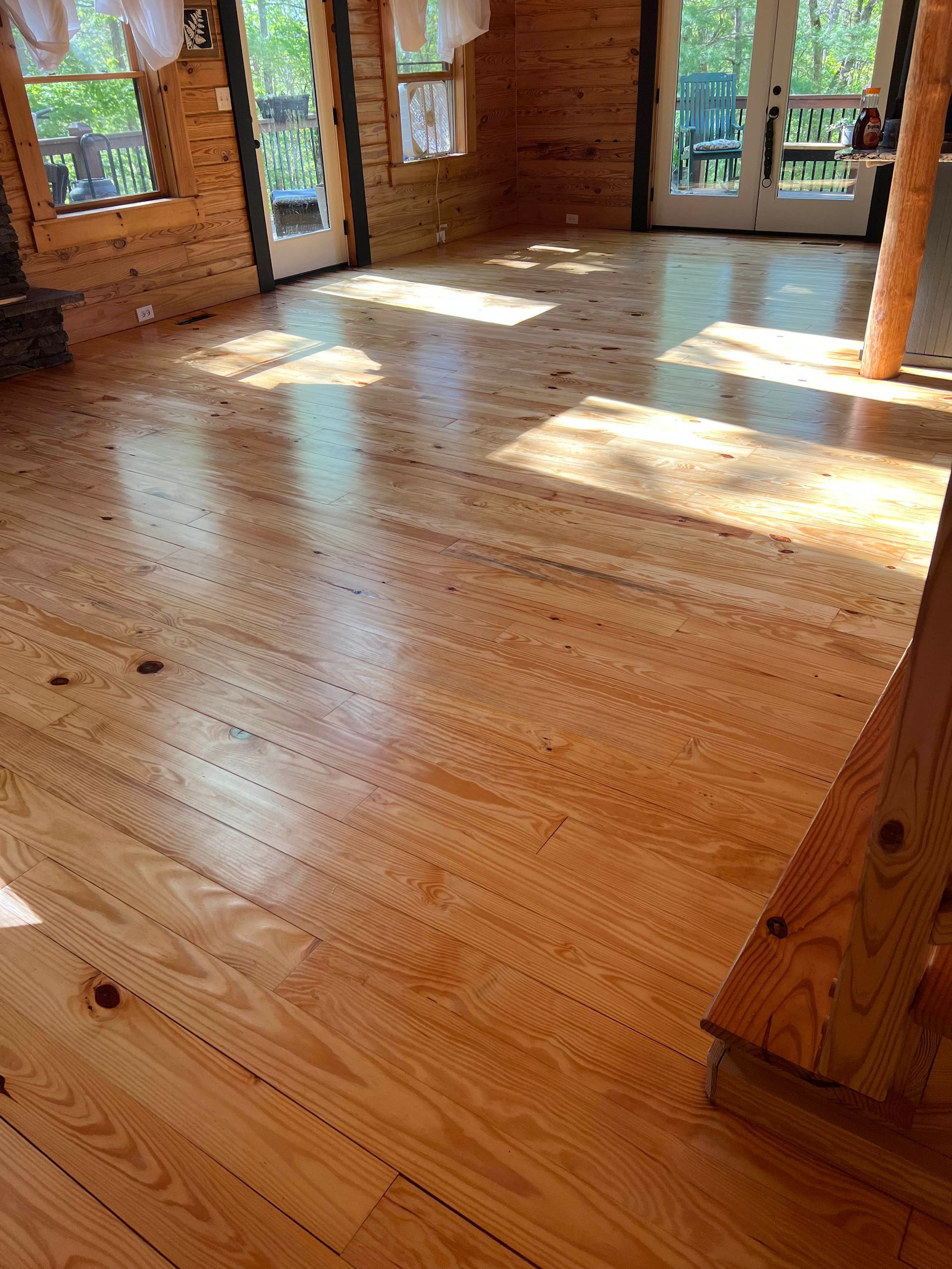 Sunlit wooden cabin interior with polished floor, log walls, and large windows overlooking trees