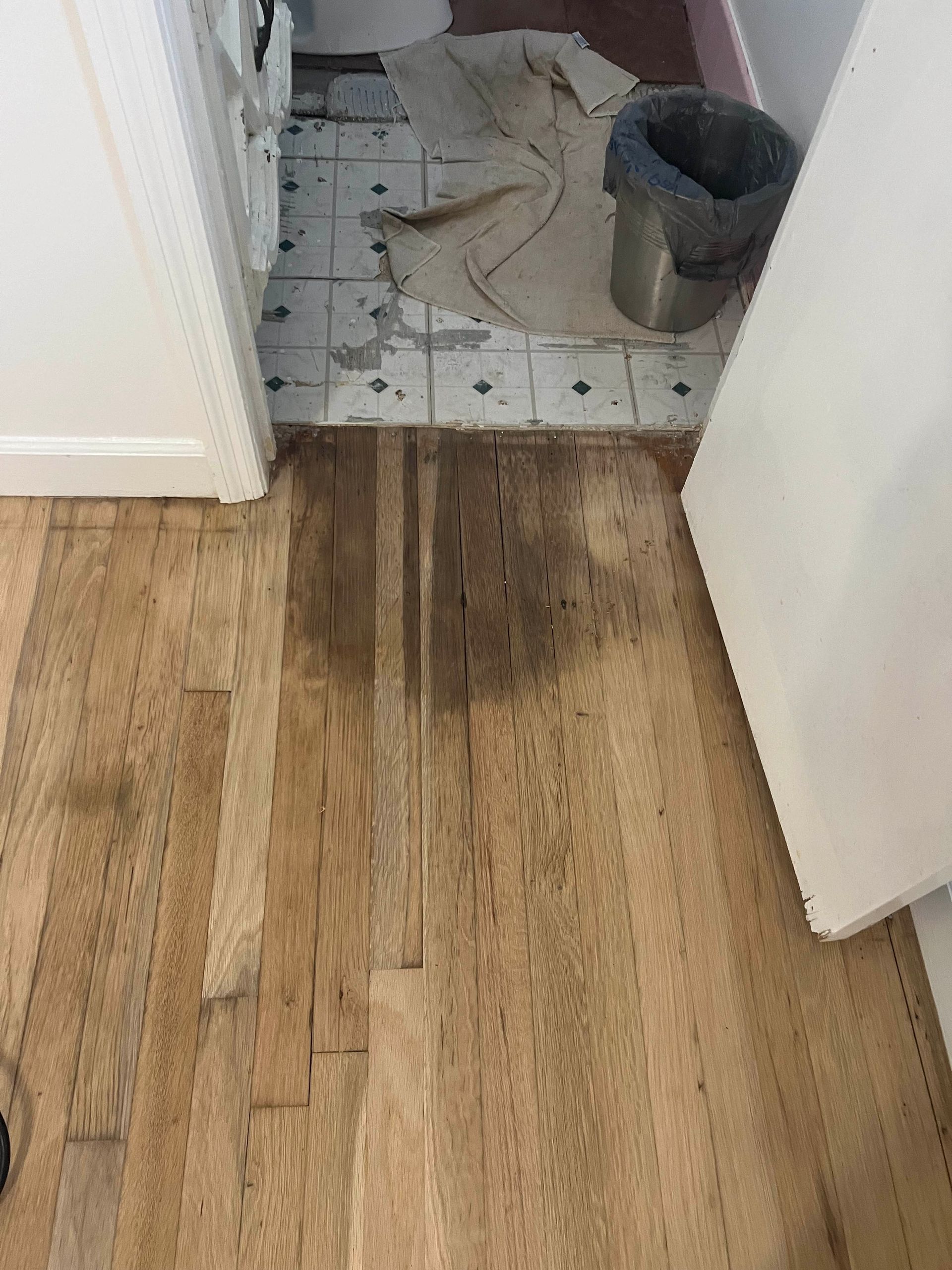 Wet wooden floor leading to a tiled room with a bucket and mop on the floor