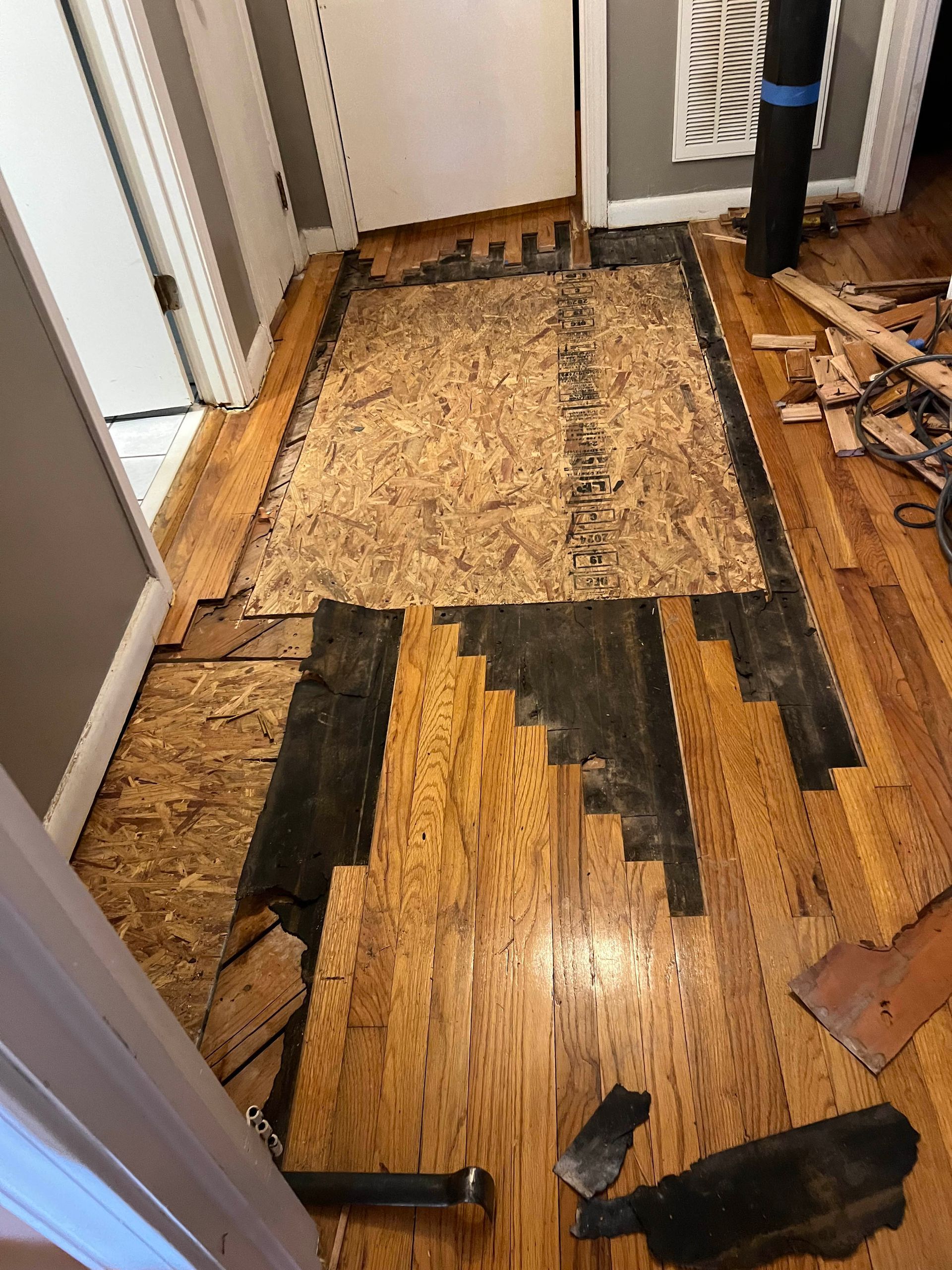 Damaged hardwood floor with torn-up carpet remnants in a narrow hallway.