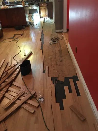 Renovation debris and tools scattered across a hardwood floor in a room with red walls