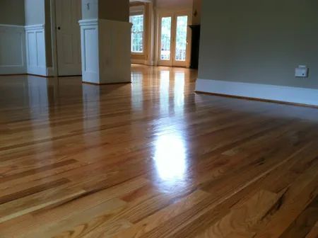 Empty hardwood-floored living room with sunlight reflecting on the floor