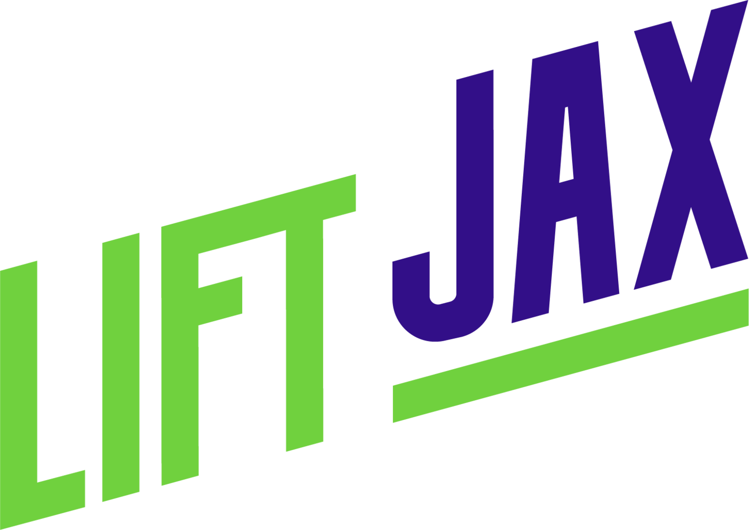 The logo for lift jax is green and purple on a white background.