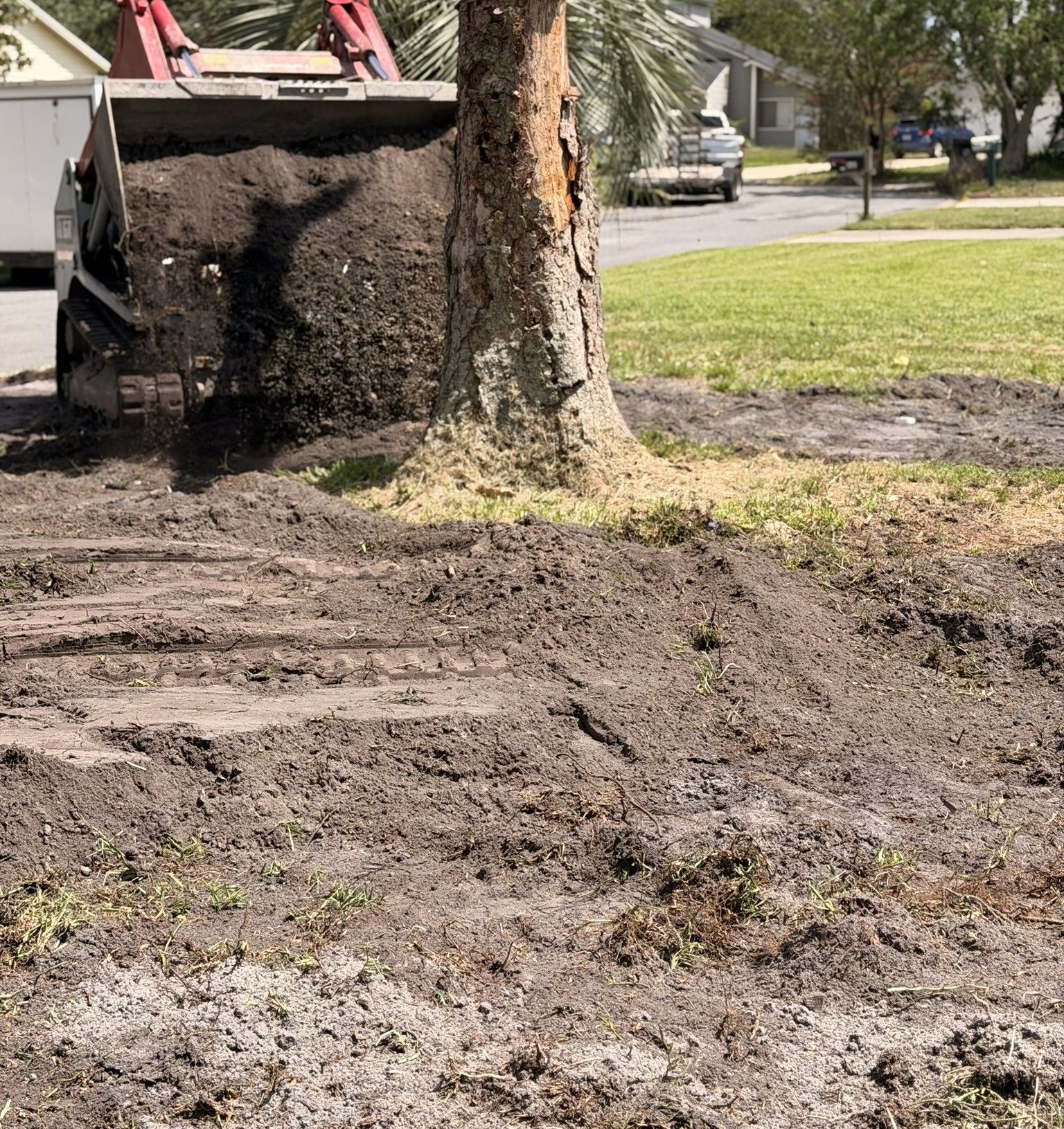 Mud and torn-up ground around a large tree next to a truck in a residential yard